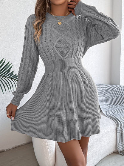 Women’s Cable Knit Sweater Dress with Lantern Sleeves & Cinched Waist – Solid Color Winter Outfit