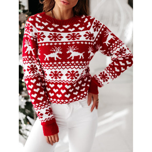 Women’s Festive Knitted Christmas Sweater – Soft Jacquard Pullover with Elk & Snowflake Design