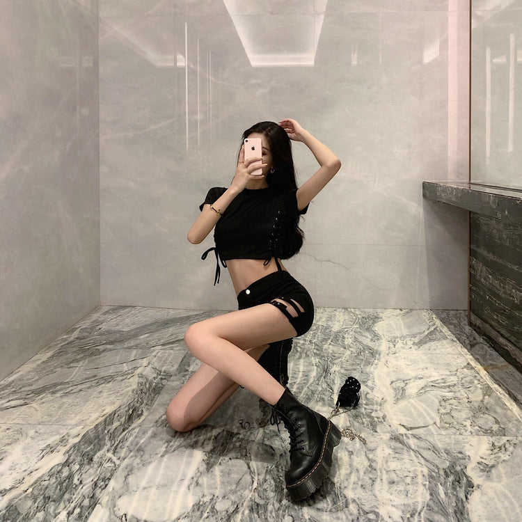 Women’s High-Waist Stretch Shorts with Double Buckle Design – Tight Fitness Shorts