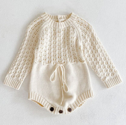 Baby Girl Knitted Hollow Long-Sleeve Dress with Waist Girdle – Cute Triangle Harpy Style Outfit