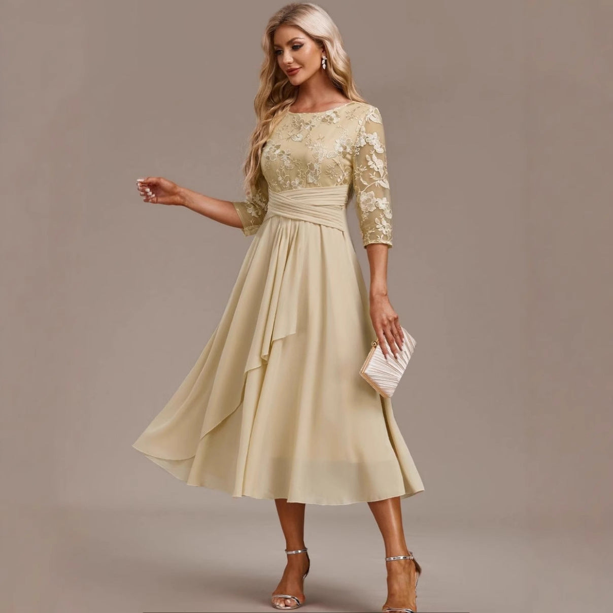 Women’s Elegant Lace Spliced Dress – Round‑Neck, Cross‑border Style