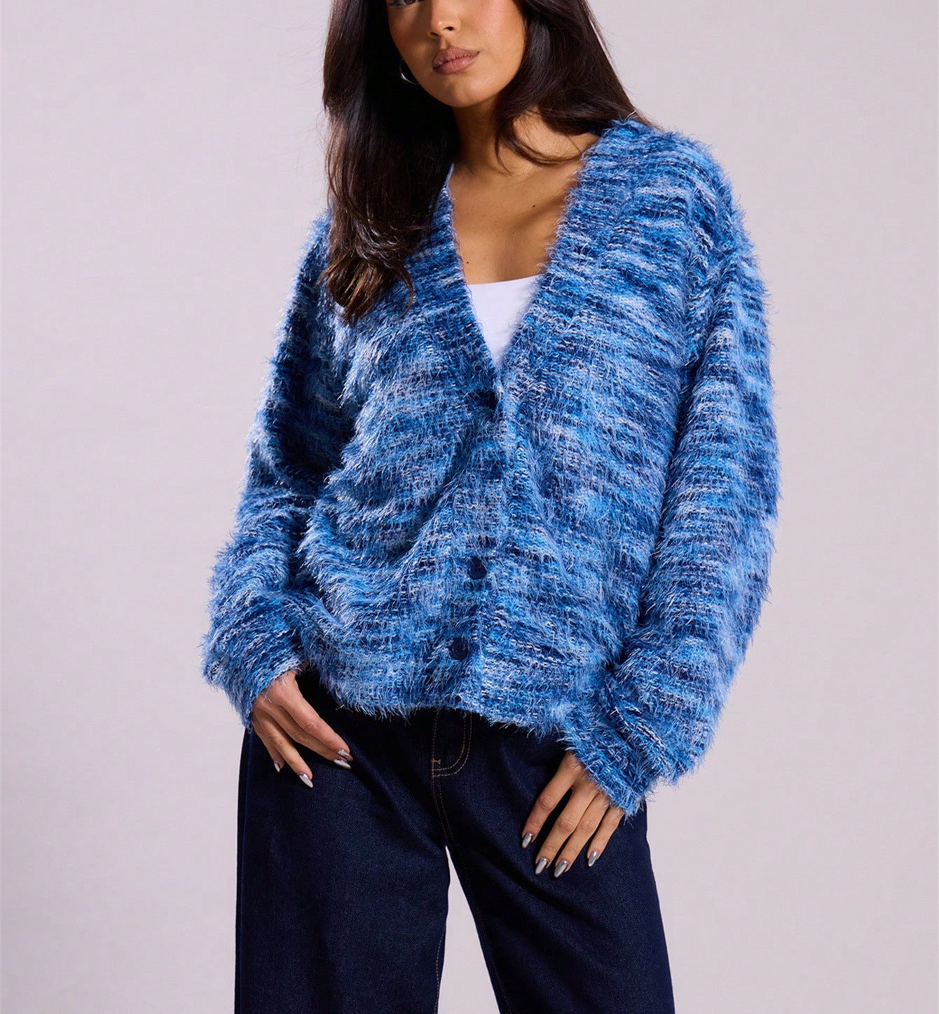 Women’s Winter Striped Knitted Cardigan – Buttoned V-Neck Cropped Long Sleeve Sweater