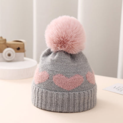 Baby Double-Layer Jacquard Hat – Thickened Heart Pattern Winter Cap