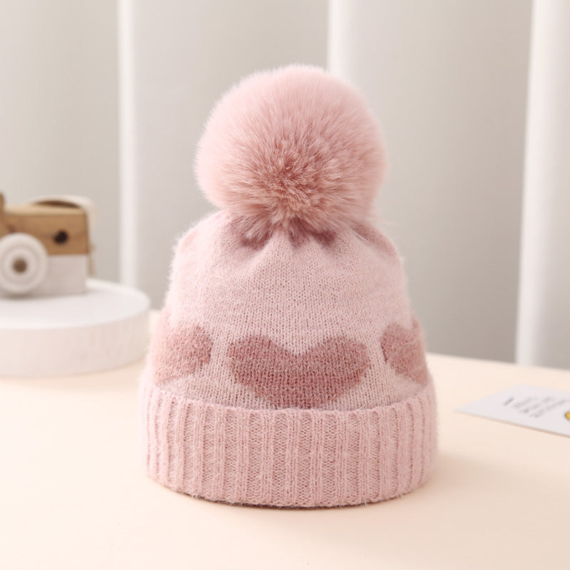 Baby Double-Layer Jacquard Hat – Thickened Heart Pattern Winter Cap