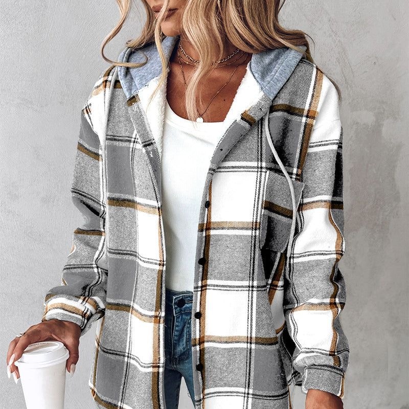 Women’s Plaid Hooded Jacket – Casual Buttoned Pocket Coat for Autumn & Winter