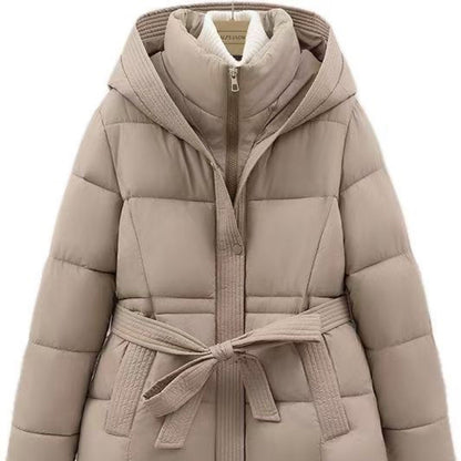 Women’s Short Hooded Coat – Waist-Cinching Slim-Fit Tie-Front Warm Jacket