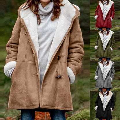 Women’s Winter Button Coat – Warm Hooded Jacket with Pockets