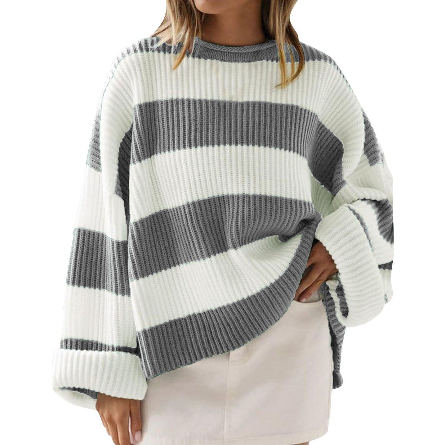 Women’s Loose Striped Sweater – Casual Long Batwing Sleeve Round Neck Pullover Knit Top