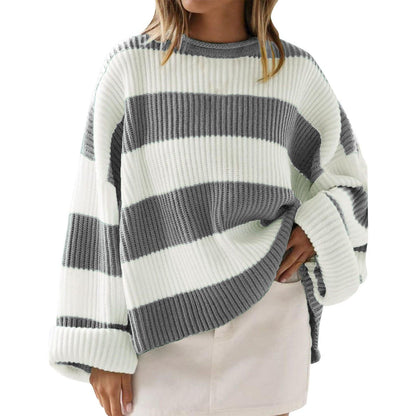 Women’s Loose Striped Sweater – Casual Long Batwing Sleeve Round Neck Pullover Knit Top