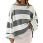 Women’s Loose Striped Sweater – Casual Long Batwing Sleeve Round Neck Pullover Knit Top