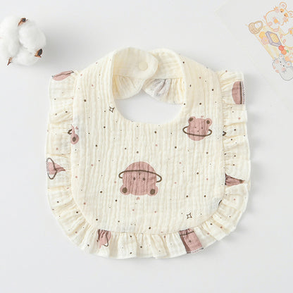 Baby Ruffled Cotton Bib – Printed Gauze Lace Absorbent Feeding Bib