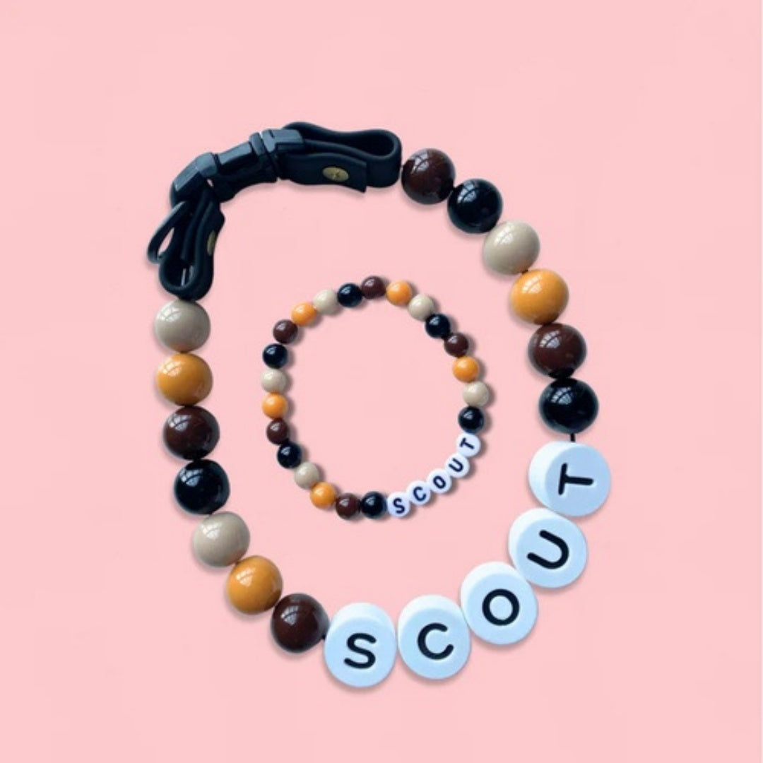 Personalized Dog Beaded Name Collar & Bracelet Set – Custom Letter Bead Pet Necklace