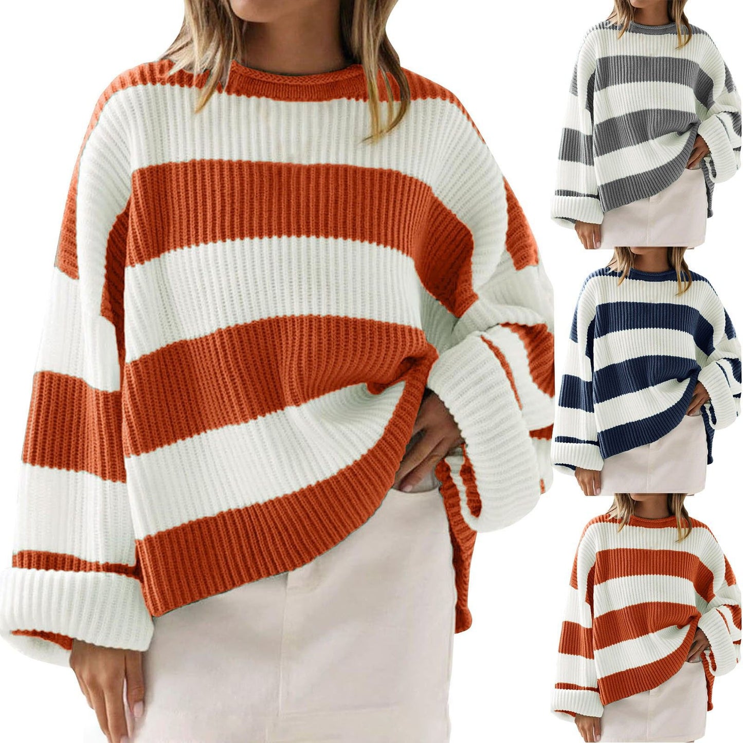 Women’s Loose Striped Sweater – Casual Long Batwing Sleeve Round Neck Pullover Knit Top