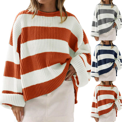 Women’s Loose Striped Sweater – Casual Long Batwing Sleeve Round Neck Pullover Knit Top