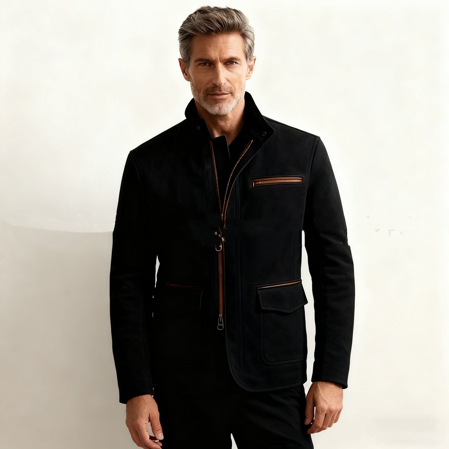 Men’s Stand-Up Collar Zip-Up Jacket – Casual Vintage Outerwear Coat