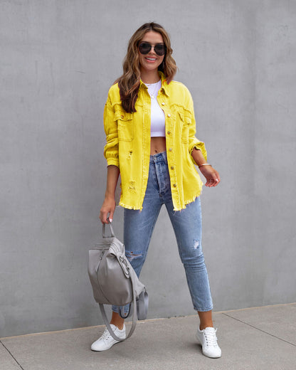 Women’s Fashion Ripped Shirt Jacket – Casual Autumn & Spring Top, Trendy Outerwear