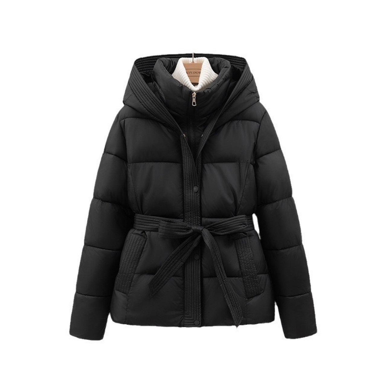 Women’s Short Hooded Coat – Waist-Cinching Slim-Fit Tie-Front Warm Jacket