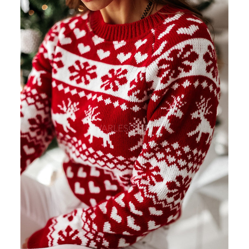 Women’s Festive Knitted Christmas Sweater – Soft Jacquard Pullover with Elk & Snowflake Design