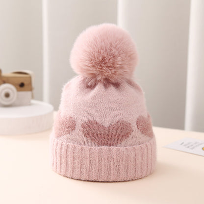 Baby Double-Layer Jacquard Hat – Thickened Heart Pattern Winter Cap