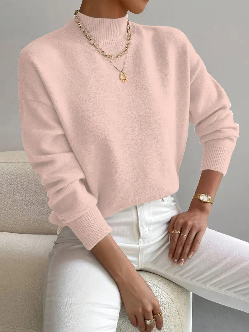 Women’s Solid Color Pullover Sweater – Mid-High Neck Long Sleeve Knitted Top