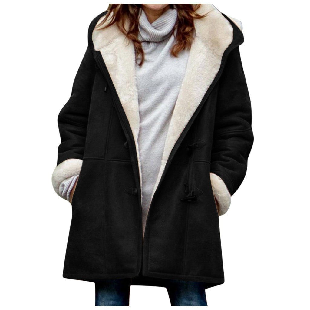 Women’s Winter Button Coat – Warm Hooded Jacket with Pockets
