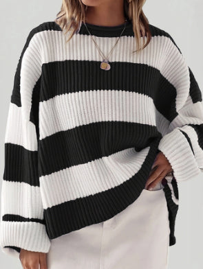Women’s Loose Striped Sweater – Casual Long Batwing Sleeve Round Neck Pullover Knit Top
