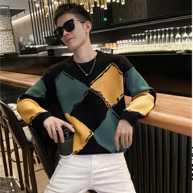Men’s Contrast-Color Knit Crew Neck Sweater – Fashionable Casual Pullover