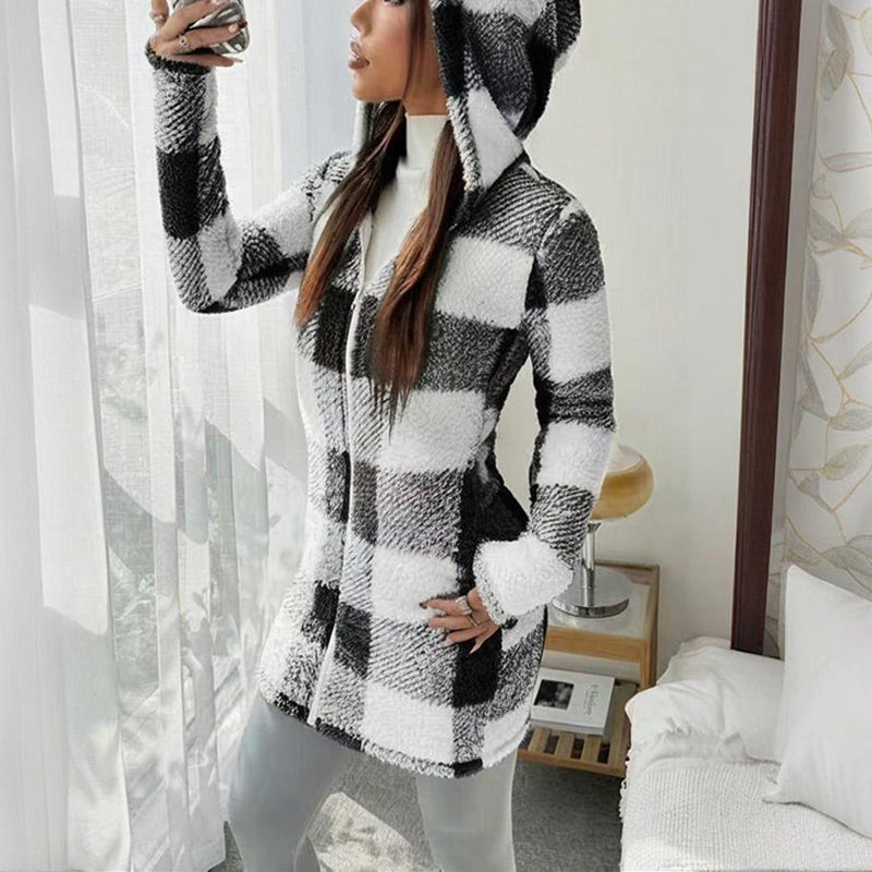 Women’s Winter Plaid Coat – Long Hooded Sherpa Jacket with Warm Fleece Lining