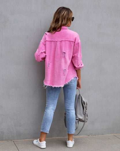 Women’s Fashion Ripped Shirt Jacket – Casual Autumn & Spring Top, Trendy Outerwear
