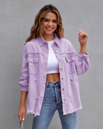 Women’s Fashion Ripped Shirt Jacket – Casual Autumn & Spring Top, Trendy Outerwear