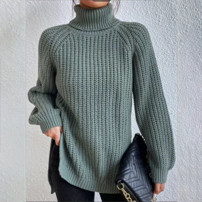 Women’s Turtleneck Pullover Sweater – Solid Color Long Sleeve Top with Split Design