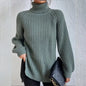 Women’s Turtleneck Pullover Sweater – Solid Color Long Sleeve Top with Split Design