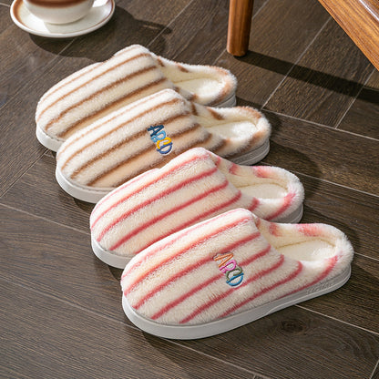 Plush Striped Winter Slippers – Warm Letter-Embroidered Indoor Home Shoes for Women & Men