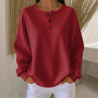 Women’s Waffle Knit Long-Sleeve T-Shirt – Solid Color Round Neck Pullover with Buttons
