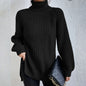 Women’s Turtleneck Pullover Sweater – Solid Color Long Sleeve Top with Split Design