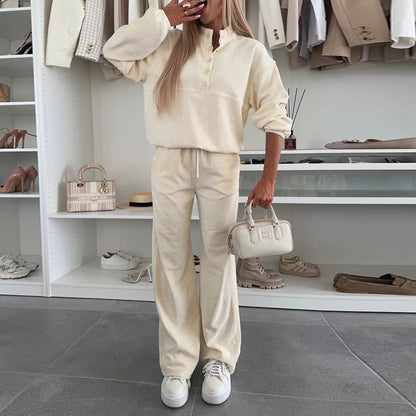 Women’s Solid Color Long-Sleeve Button-Up Top with Pockets – Casual Office & Everyday Shirt Set