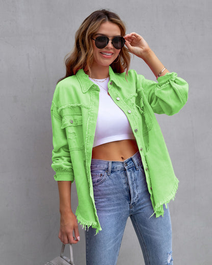 Women’s Fashion Ripped Shirt Jacket – Casual Autumn & Spring Top, Trendy Outerwear
