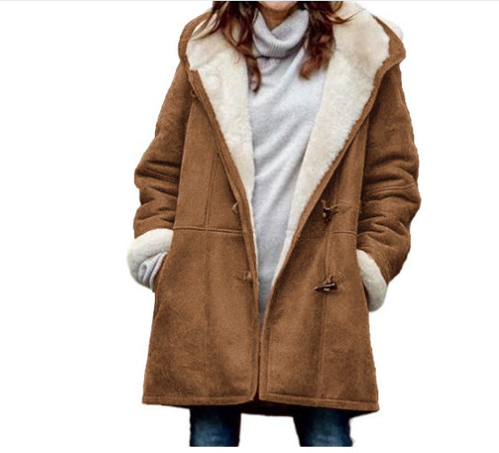 Women’s Winter Button Coat – Warm Hooded Jacket with Pockets
