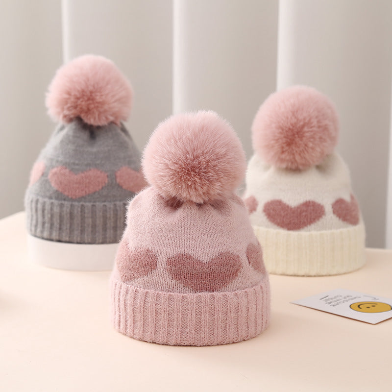 Baby Double-Layer Jacquard Hat – Thickened Heart Pattern Winter Cap