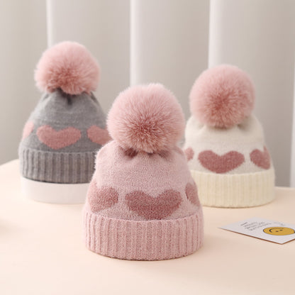 Baby Double-Layer Jacquard Hat – Thickened Heart Pattern Winter Cap