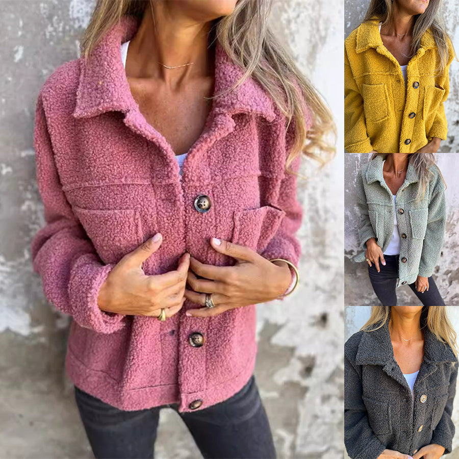 Women’s Lamb Wool Winter Coat – Lapel Single-Breasted Cropped Jacket Outerwear