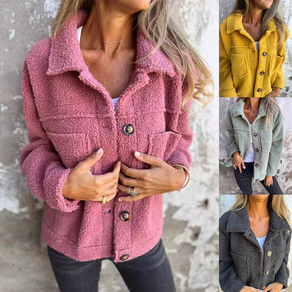 Women’s Lamb Wool Winter Coat – Lapel Single-Breasted Cropped Jacket Outerwear