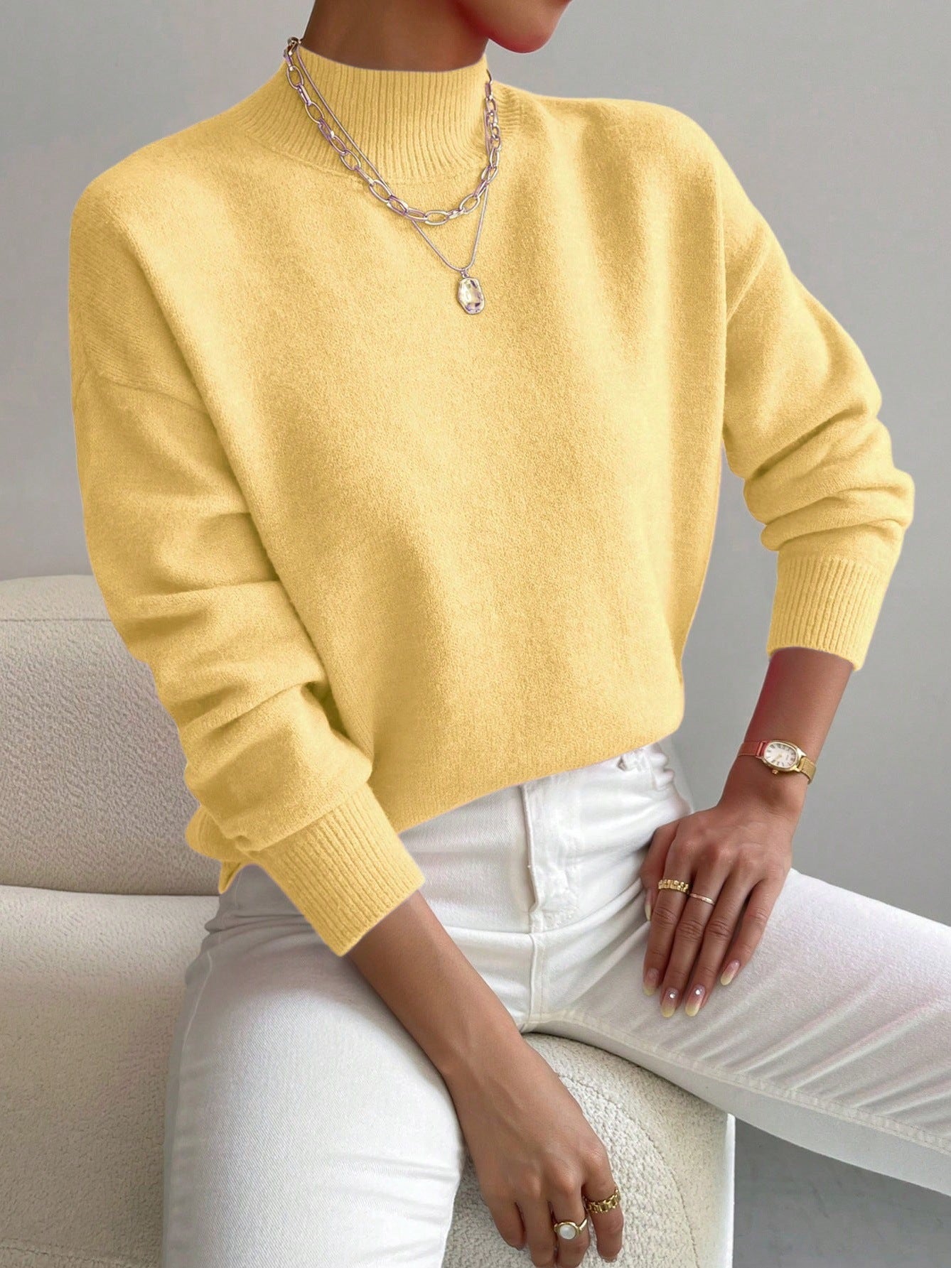 Women’s Solid Color Pullover Sweater – Mid-High Neck Long Sleeve Knitted Top