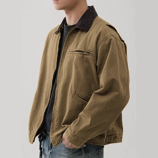 Men’s Turn-Down Collar Jacket – Washed Tooling Coat for Spring & Autumn