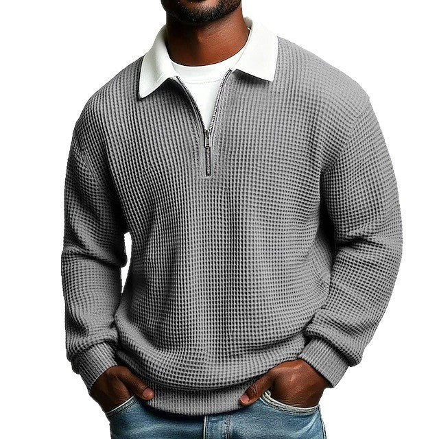Men’s Solid Color Waffle-Weave Long-Sleeve Zip-Up Polo Shirt with Lapel Collar