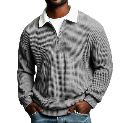 Men’s Solid Color Waffle-Weave Long-Sleeve Zip-Up Polo Shirt with Lapel Collar