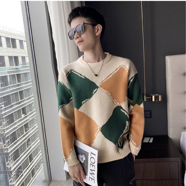 Men’s Contrast-Color Knit Crew Neck Sweater – Fashionable Casual Pullover