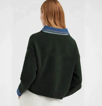 Women’s Cowboy Patchwork Fake Two-Piece Sweater – European Style Casual Knit Top