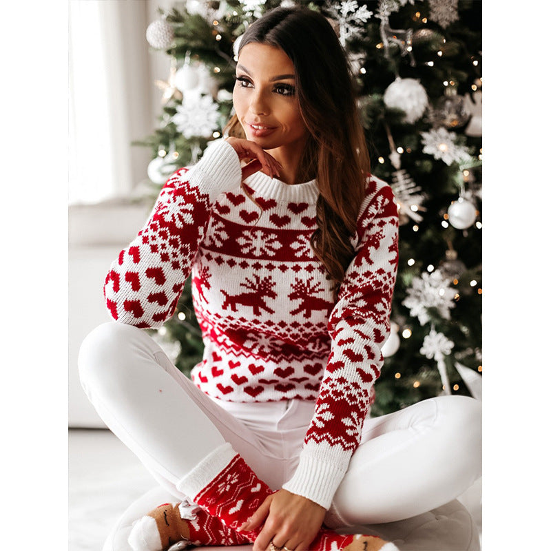 Women’s Festive Knitted Christmas Sweater – Soft Jacquard Pullover with Elk & Snowflake Design