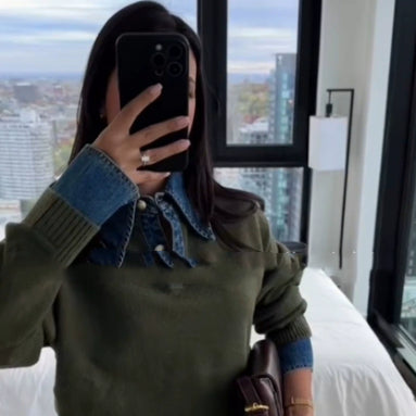 Women’s Cowboy Patchwork Fake Two-Piece Sweater – European Style Casual Knit Top